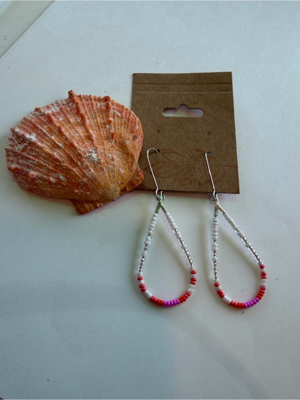 Handmade White and Pink Beaded Teardrop Earrings